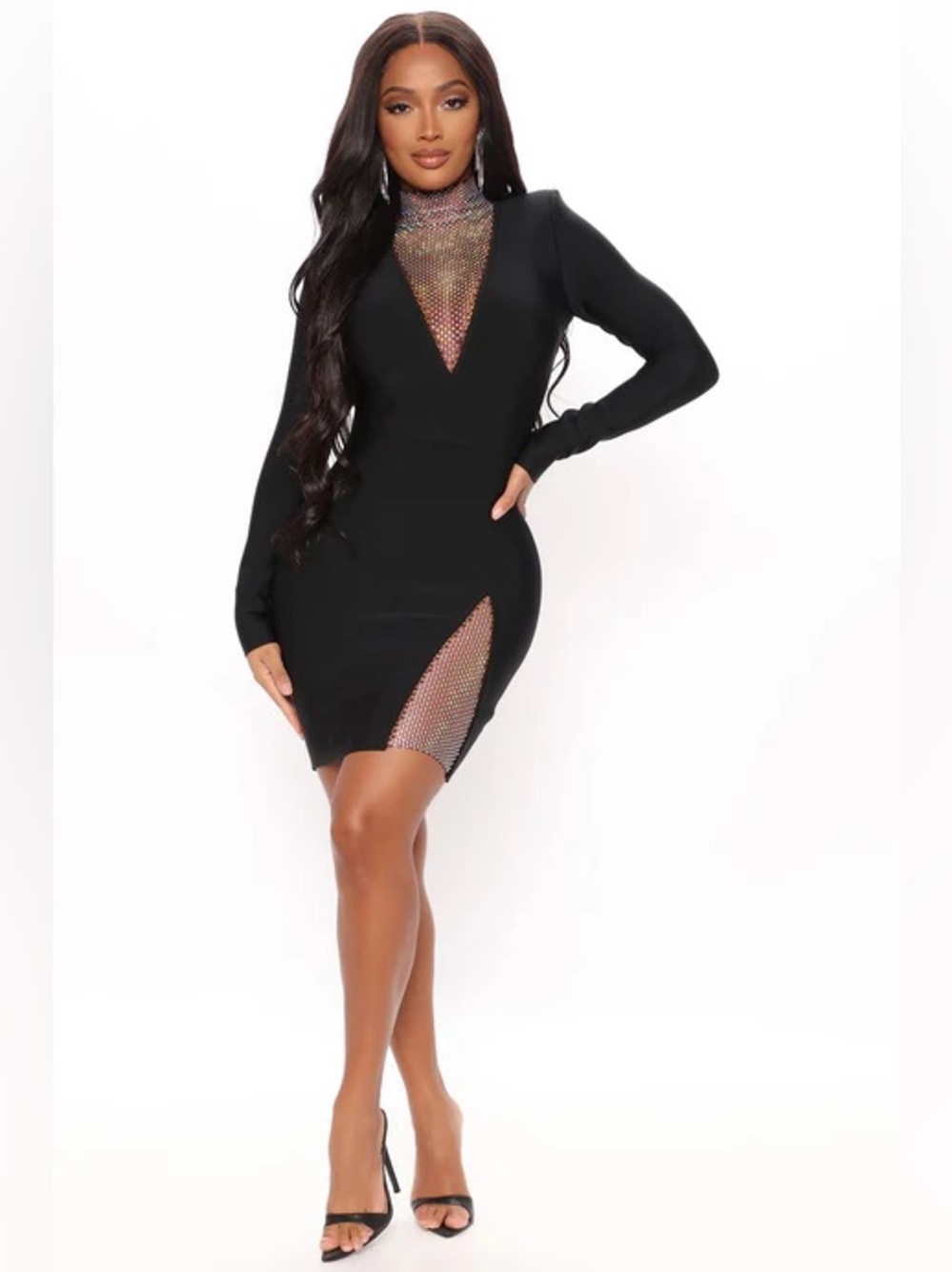 Fashion Nova Black Long-Sleeve Bodycon Mini with Rhinestone Mesh